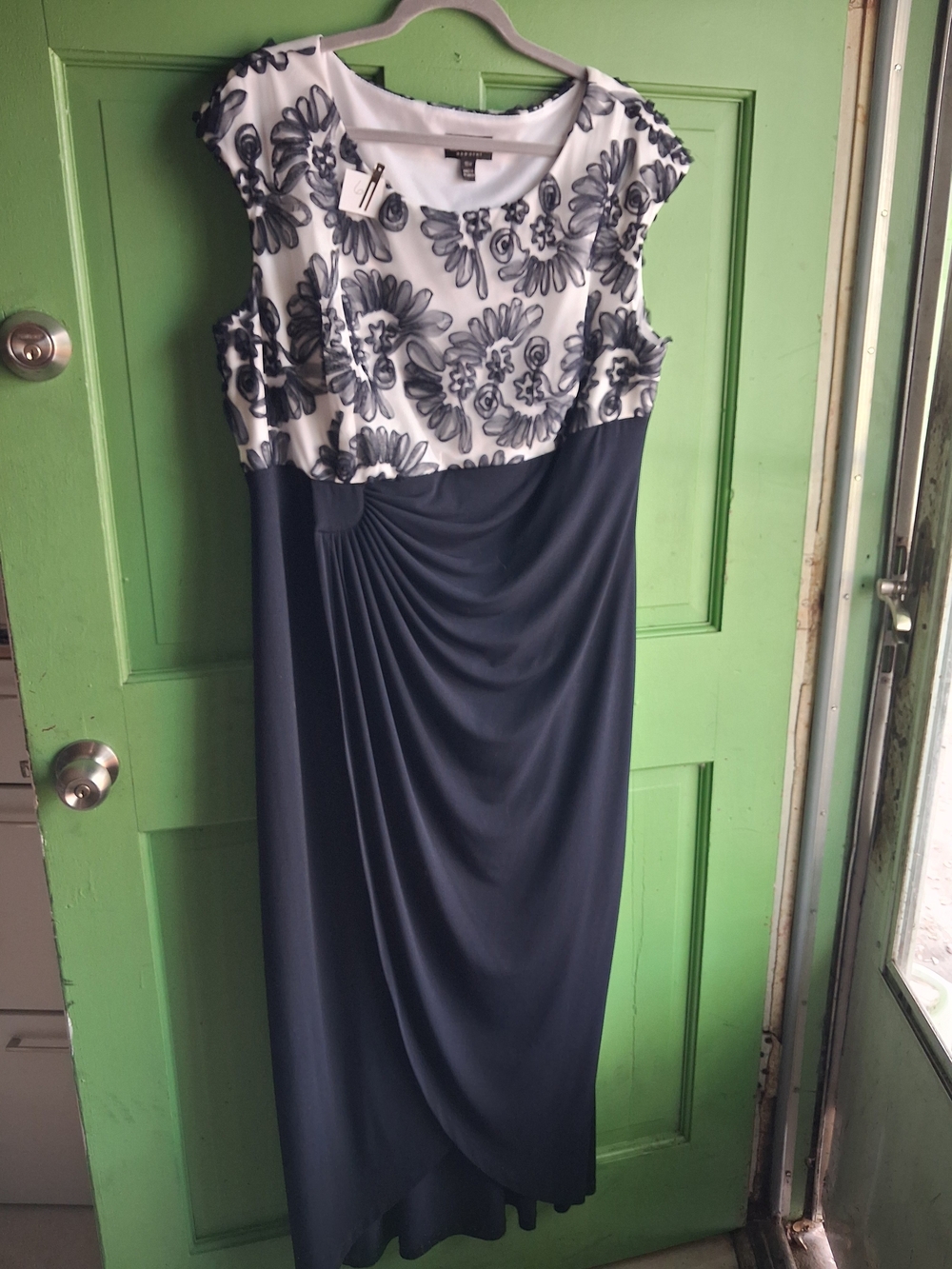 Blue and White Floral Cap-Sleeve Evening Dress